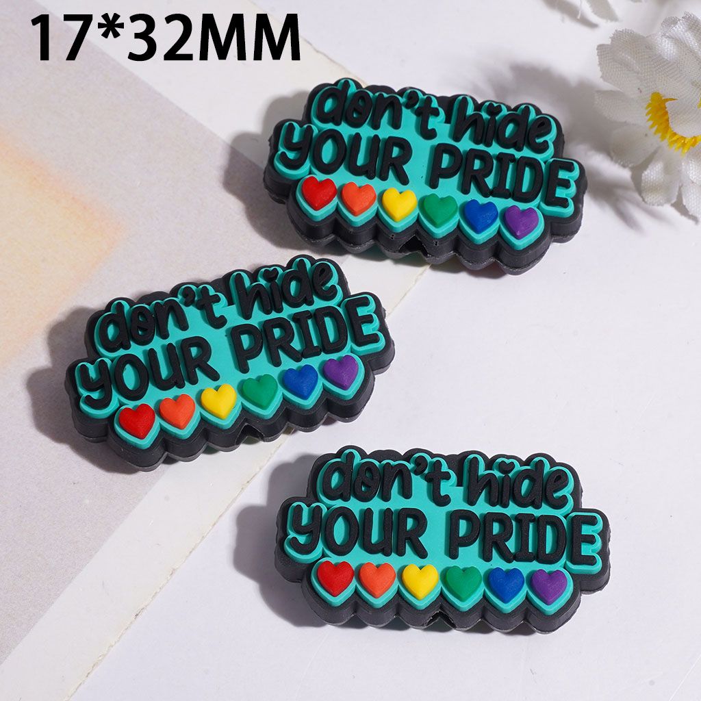Silicone Focal Beads with Text "don't hide your pride" and Mini Heart on Teal Green Background, 17*32MM