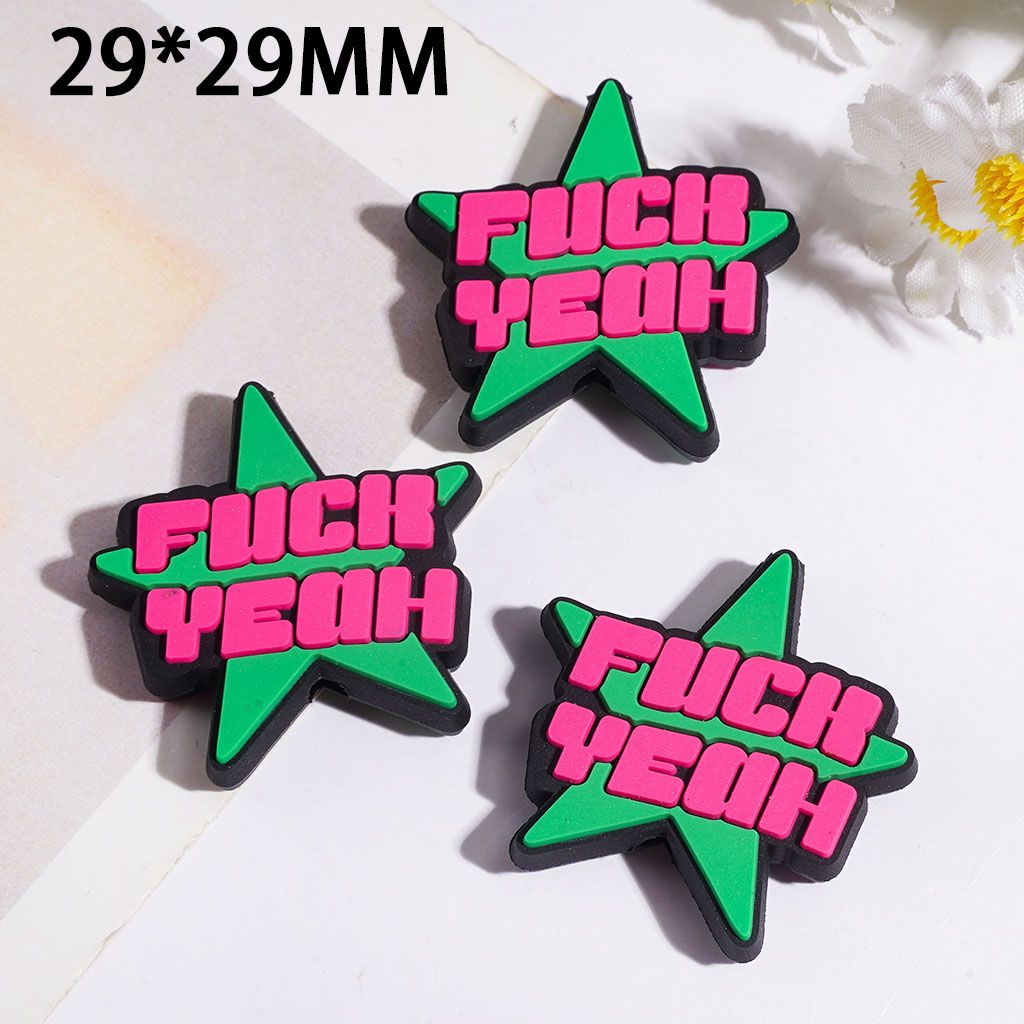 Silicone Focal Beads with Humor Text on Green Background, Five-Pointed Star Shape, 29*29MM