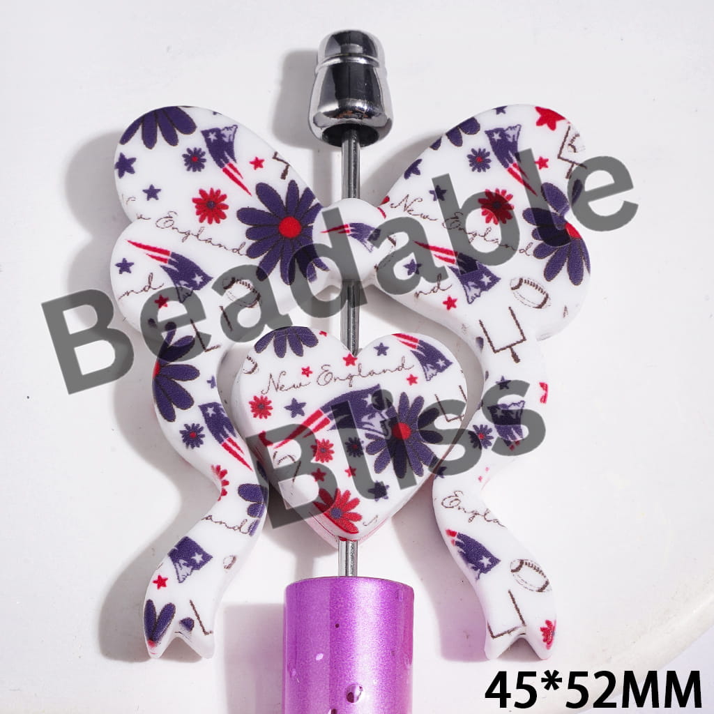Silicone Focal Beads American Football Team NE, Heart and Bowtie, 45*52MM
