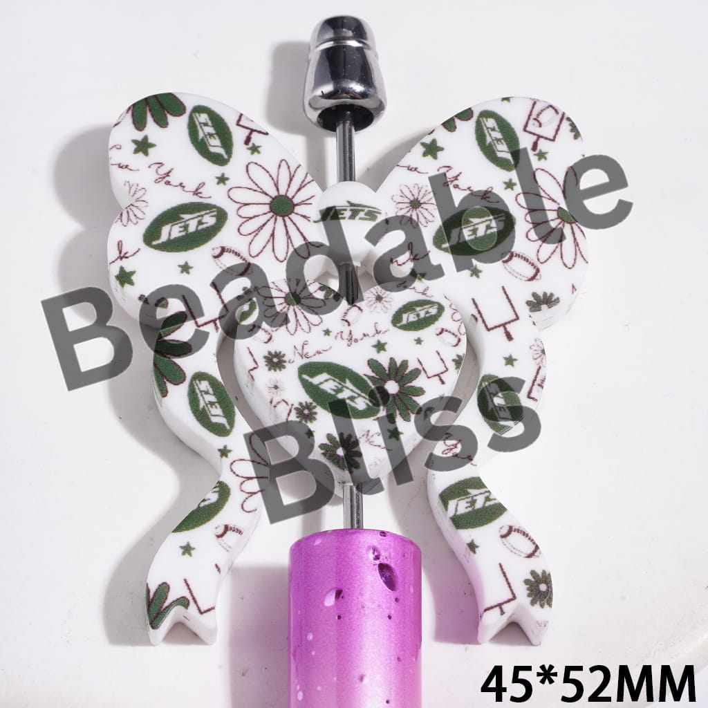 NY Jets Football Silicone Focal Beads, Bowtie and Heart with Flower Pattern, 45*52MM