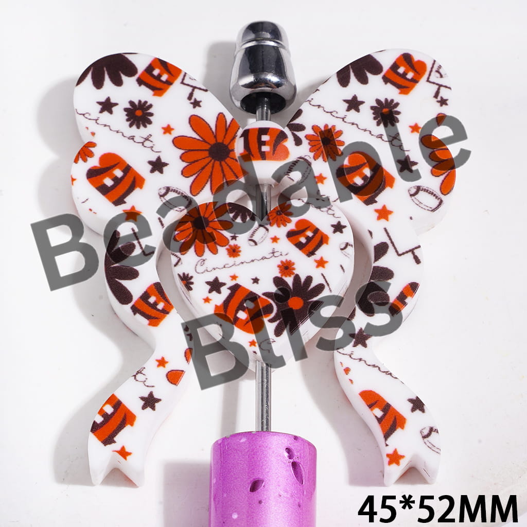 Cincinnati Football Silicone Focal Beads, Bowtie and Heart with Flower Star Pattern, 45*52MM