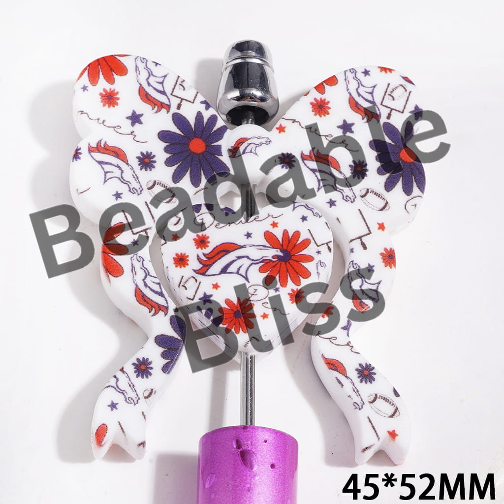 Silicone Focal Beads Bowtie and Heart Collection Set in Denver Football, 45*52MM