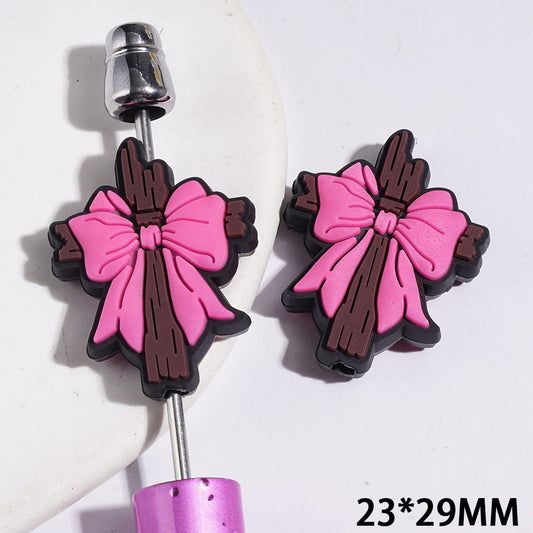 Silicone Focal Beads Brown Wooden Cross with Pink Bowtie, 23*29MM