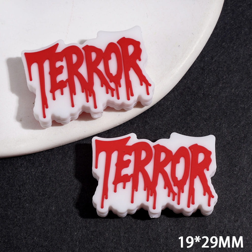 Silicone Focal Beads with Red Liquid Text "TERROR" on White Background, 19*29MM