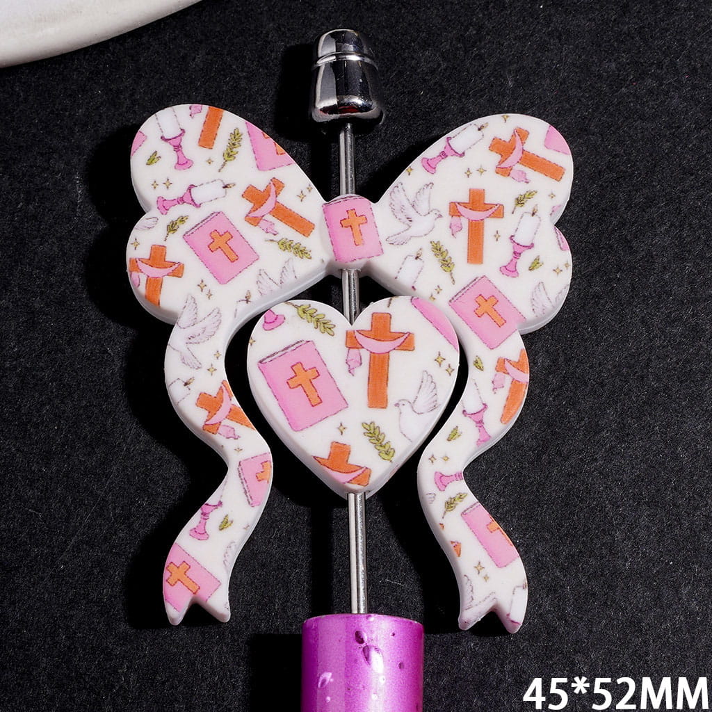 Religious Series Collection Set Silicone Focal Beads, Bowtie and Heart with White Dove Candle Bible Pattern, 45*52MM