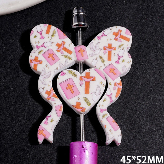 Religious Series Collection Set Silicone Focal Beads, Bowtie and Heart with White Dove Candle Bible Pattern, 45*52MM