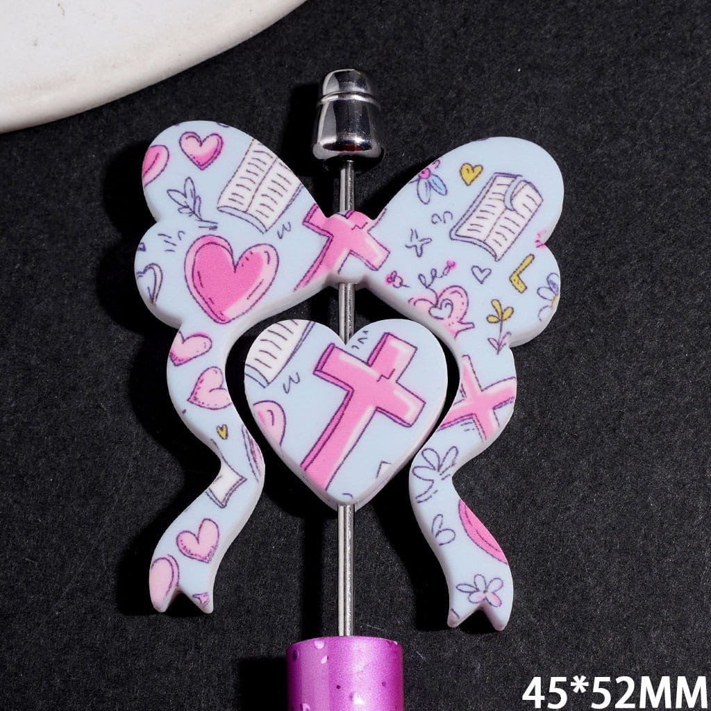 Religious Series Collection Set Silicone Focal Beads, Bowtie and Heart with Cross Heart Flower Book Pattern, 45*52MM