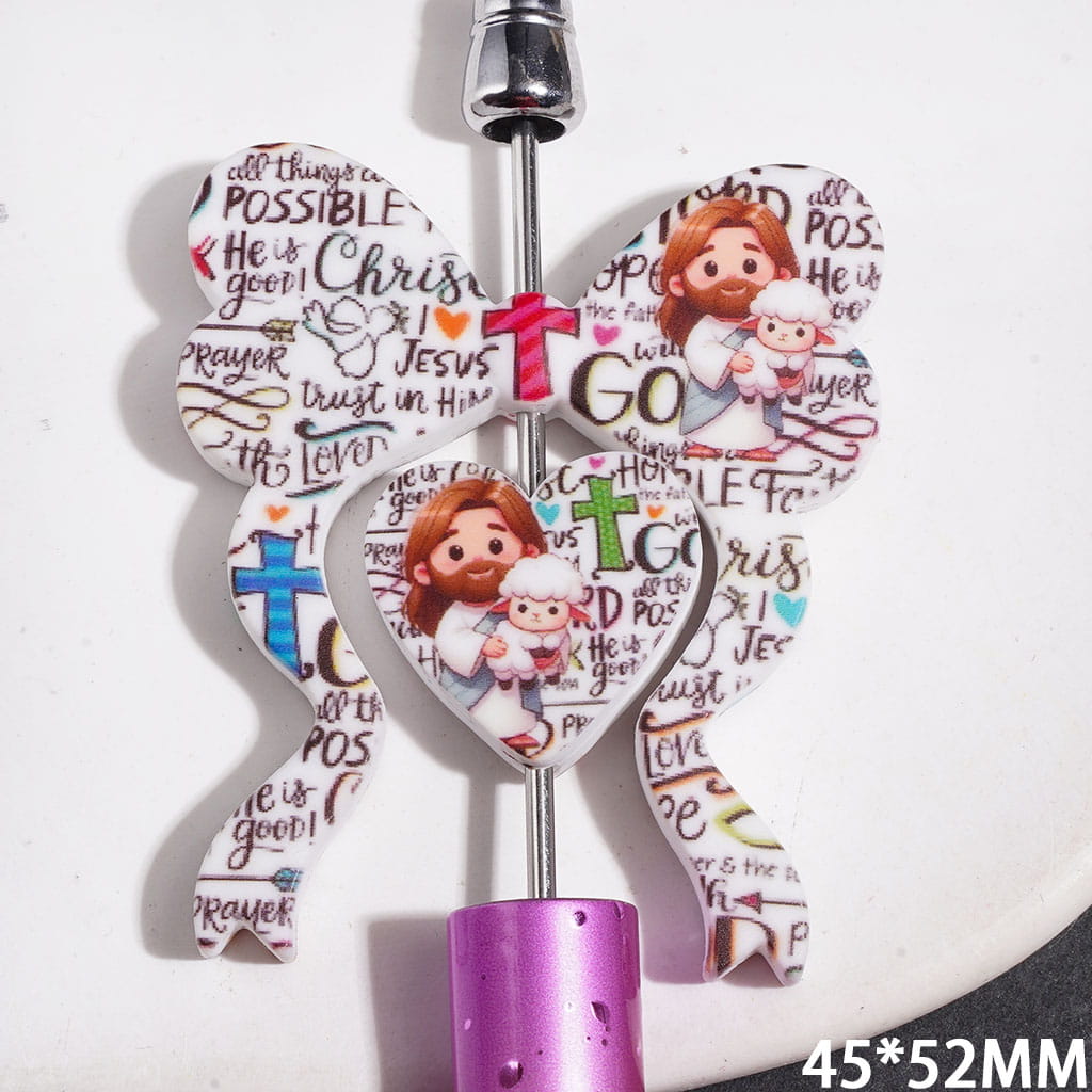 Silicone Focal Beads Bowtie and Heart Collection Set, Religion Christianity Jesus Holding Lamb Pattern, 45*52MM