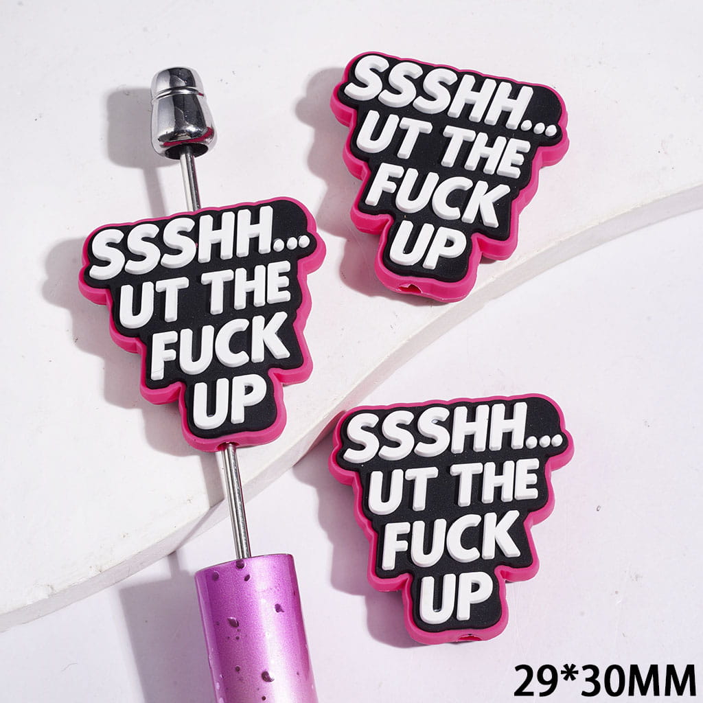 Silicone Focal Beads with White Humor Text on Black Background, 29*30MM