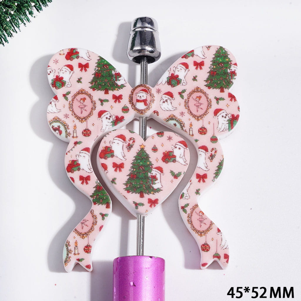 Silicone Focal Beads Bowtie and Heart Collection Set, Christmas Tree Ghost Ballet Girl Candy Candle Pattern, Pink Background, 45*52MM