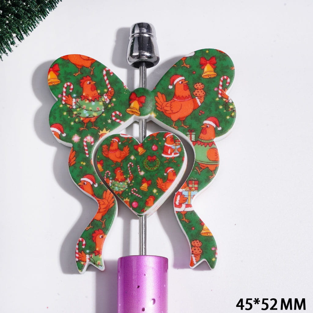 Christmas Series Collection Set Silicone Focal Beads, Bowtie and Heart with Bell Chick Wreath Candy Cane Pattern, 45*52MM