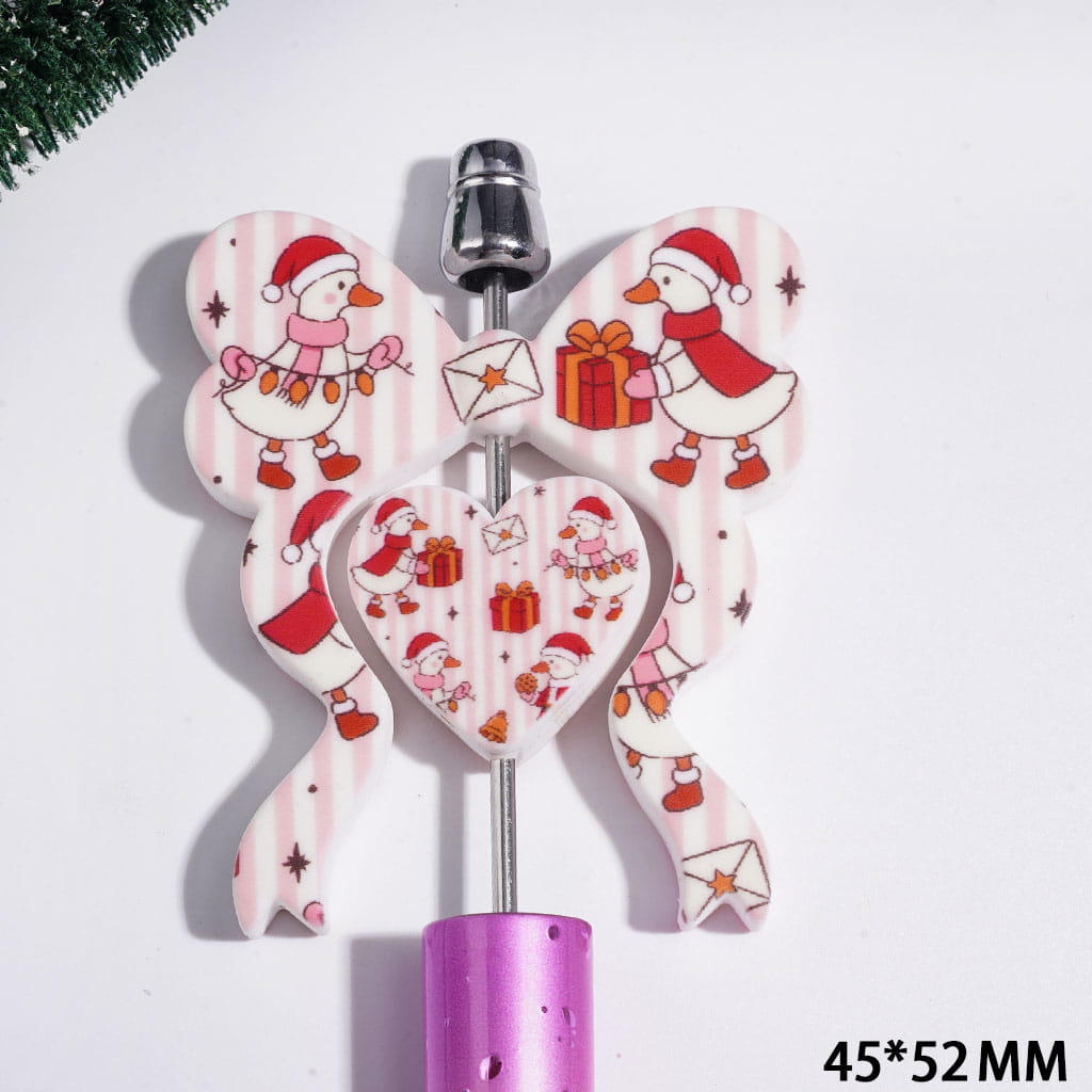 Christmas Series Collection Set Silicone Focal Beads, Bowtie and Heart with Envelope Duck Pattern, 45*52MM
