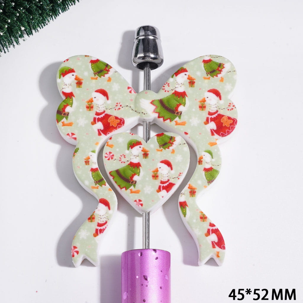 Silicone Focal Beads Bowtie and Heart Collection Set, White Goose with Christmas Hat Print, 45*52MM