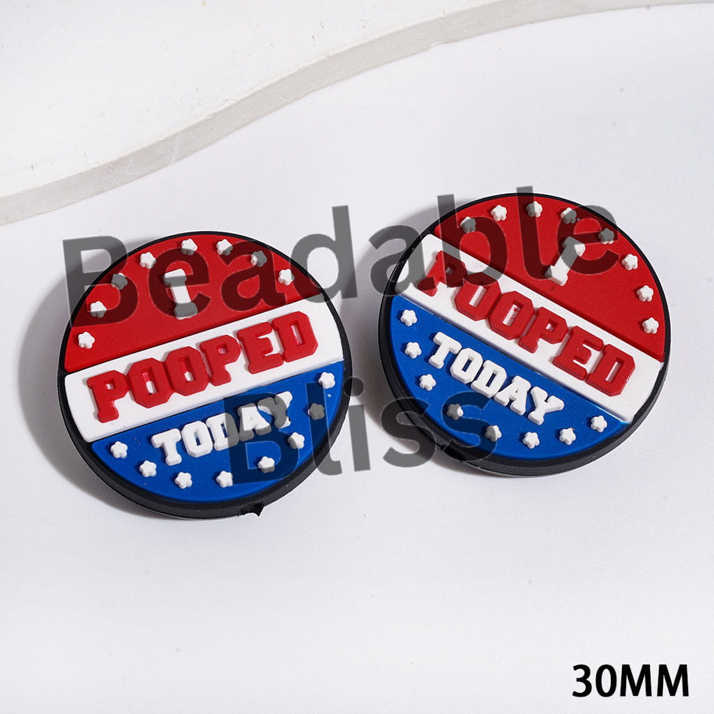 Silicone Focal Beads with American Badges and Text "I HUMOR TODAY", Red White Blue Background, Flat Round Shape, 30MM