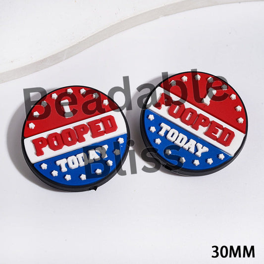 Focal Beads with American Badges and Text "I HUMOR TODAY", Red White Blue Background, Flat Round Shape, 30MM