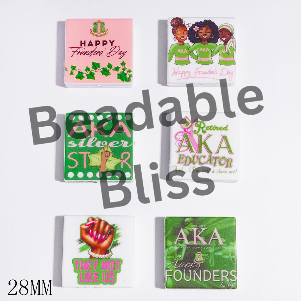 28MM - Silicone Focal Beads in "Alpha Kappa Alpha" Theme, Flat Square Shapes, Random Mix