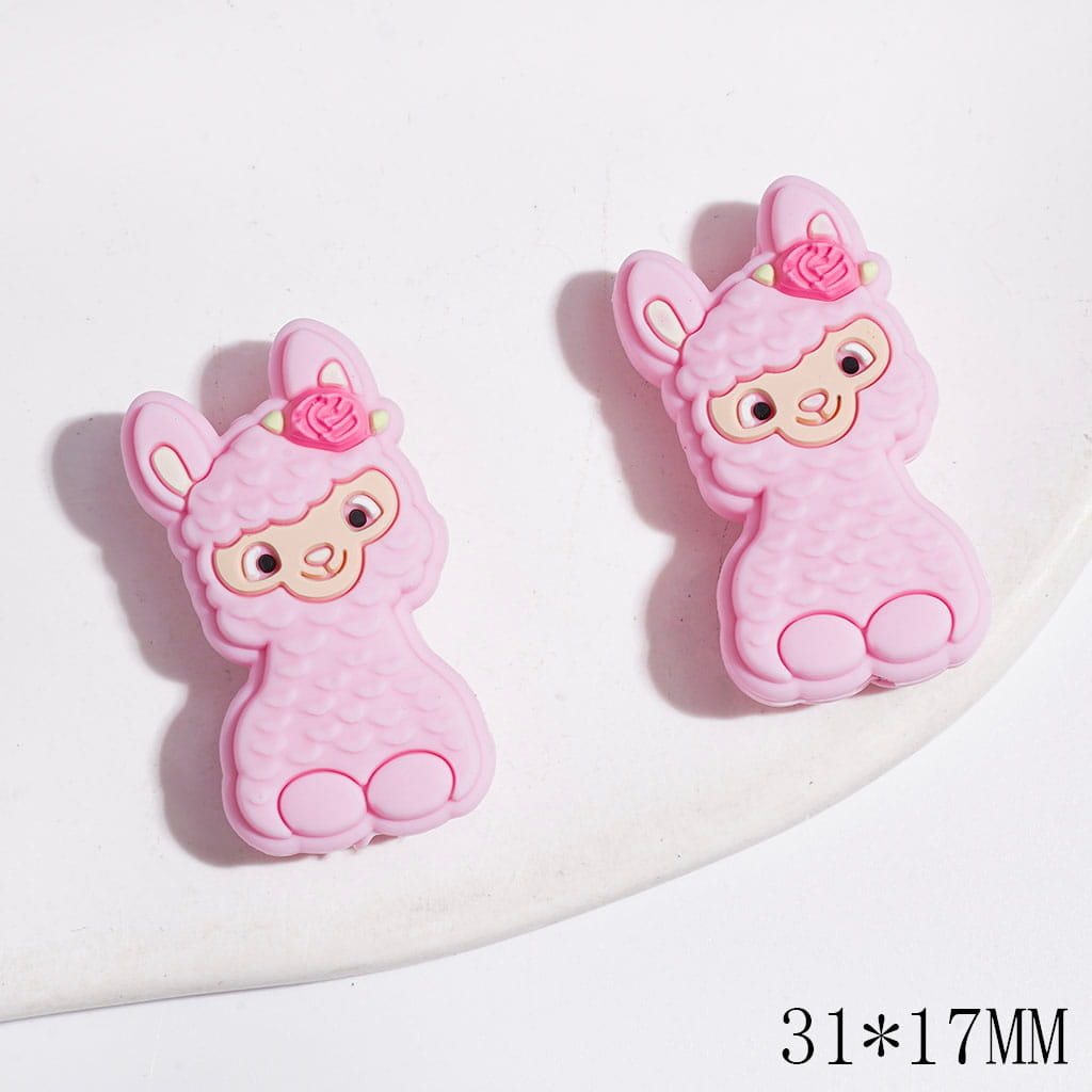 Silicone Focal Beads Pink Alpaca with Rose Flower, 31*17MM