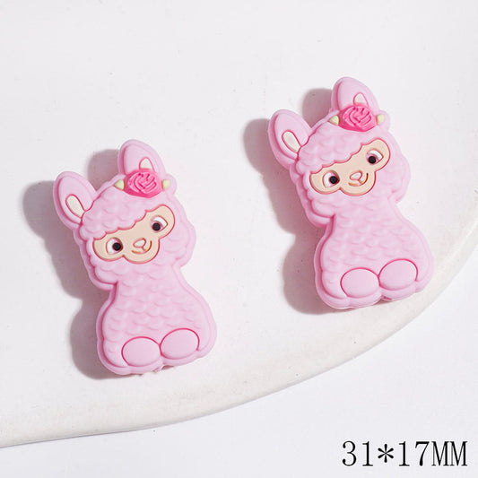 Silicone Focal Beads Pink Alpaca with Rose Flower, 31*17MM