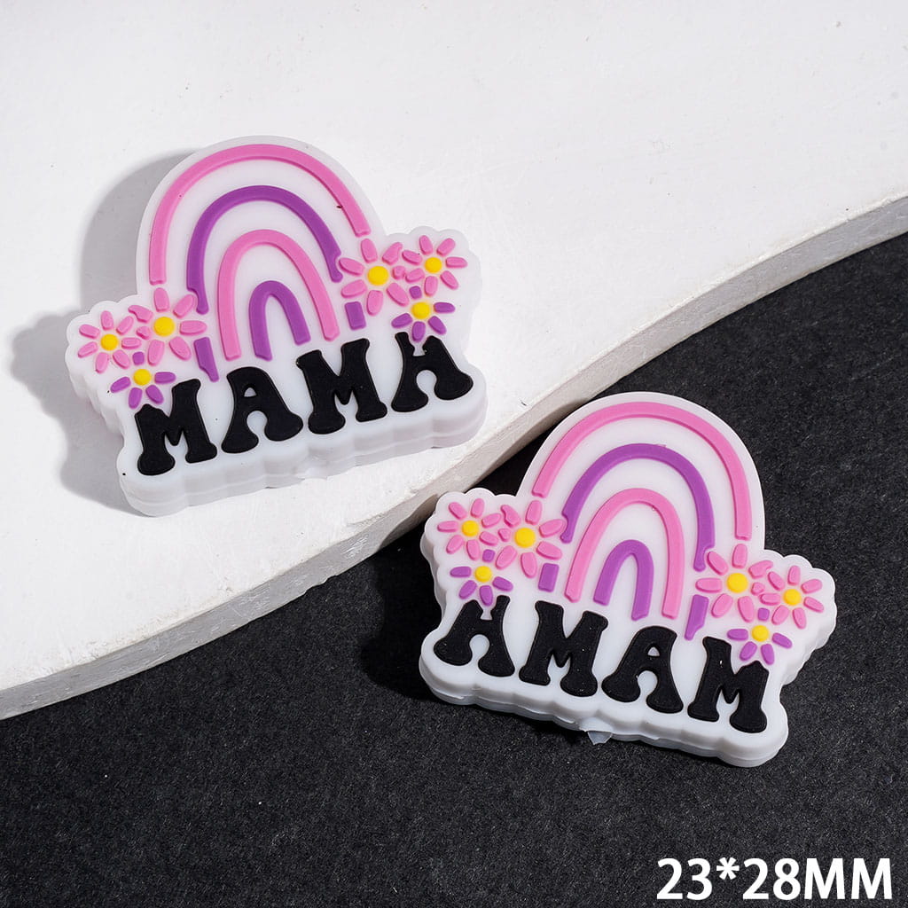 Rainbow with Daisy and Text "MAMA" Silicone Focal Beads, 23*28MM