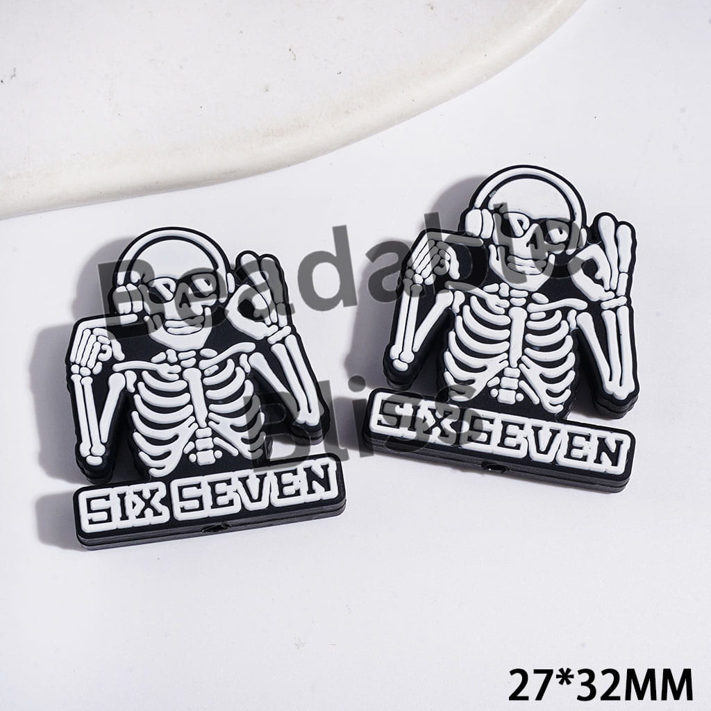 Skull Wearing Headphones and Making "ok" Gesture and Text "SIX SEVEN" Silicone Focal Beads, 27*32MM