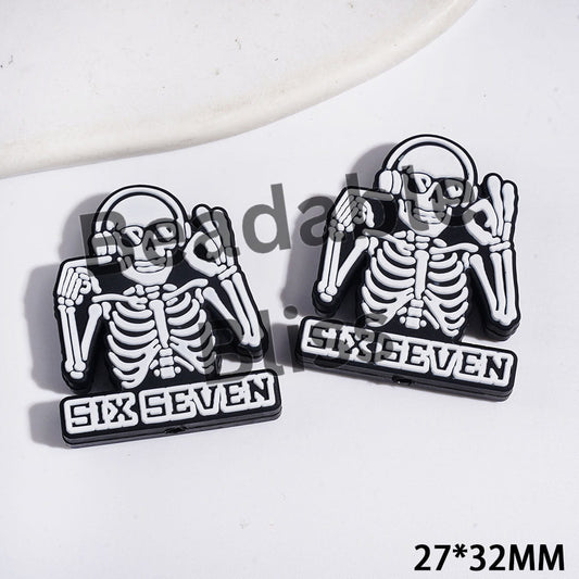 Skull Wearing Headphones and Making "ok" Gesture and Text "SIX SEVEN" Focal Beads, 27*32MM