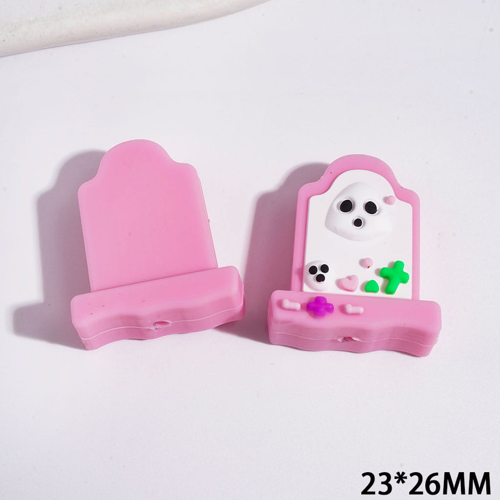 3D Pink Tombstone with Ghost Cross Heart Silicone Focal Beads, 23*26MM