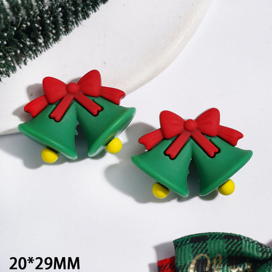 3D Silicone Focal Beads Green Bell with Red Bowtie, Christmas Theme, 20*29MM