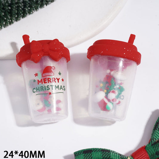 Focal Beads with Red Bowtie and Lid, Bell Santa Claus Stocking Cane Wreath Christmas Tree Milk Tea Cup, Shaking Bottle Design, 24*40MM
