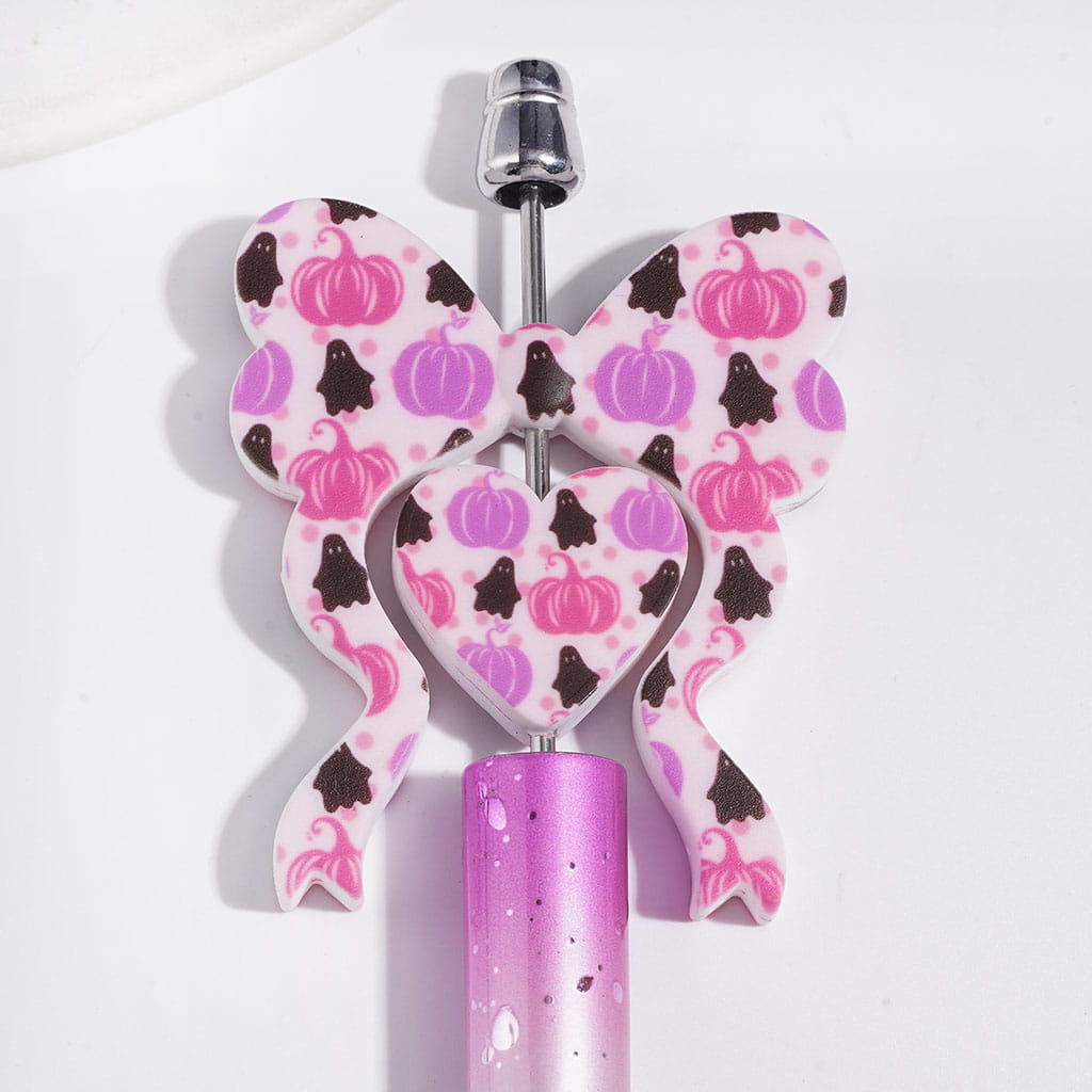 Halloween Series Collection Set Silicone Focal Beads, Bowtie and Heart with Black Ghost and Pink Purple Pumpkin Pattern, 45*52MM