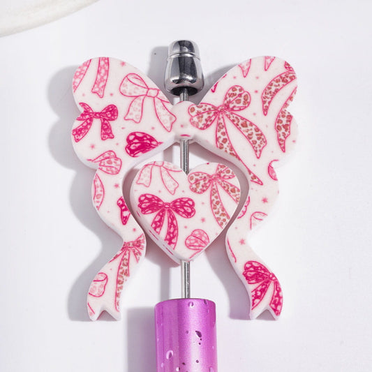 Focal Beads Bowtie and Heart Collection Set with Pink Leopard Bow Pattern, 45*52MM