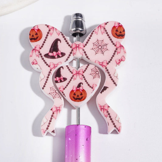 Halloween Series Collection Set Focal Beads, Bowtie and Heart with Wizard Hat and Horror Pumpkin Spider Web Pink Bowtie Pattern, Pink Background, 45*52MM