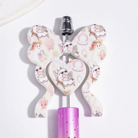Focal Beads Bowtie and Heart Collection Set with Vacation Style Ghost Scallop Pattern, 45*52MM