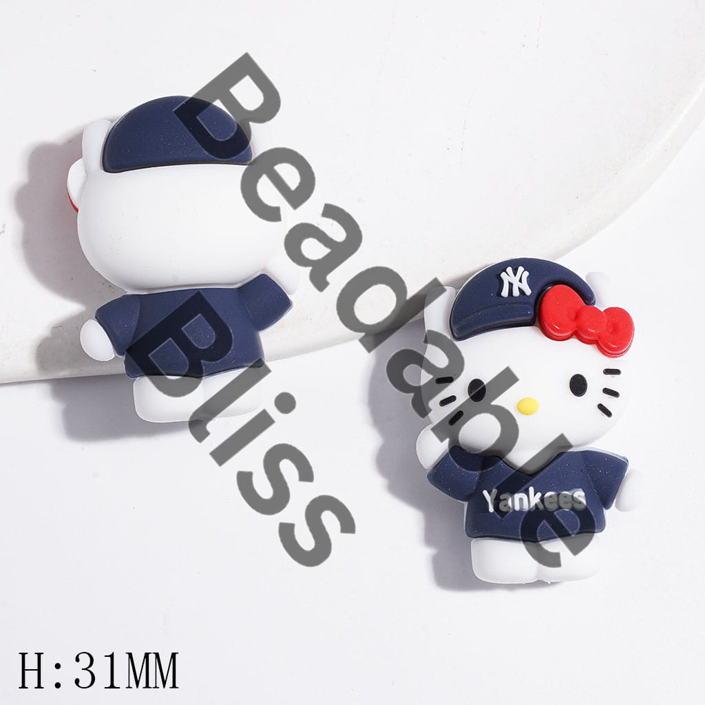 Silicone Focal Beads 3D Cute Cat Character with NY Baseball Cap and Red Bowtie, Height 31MM