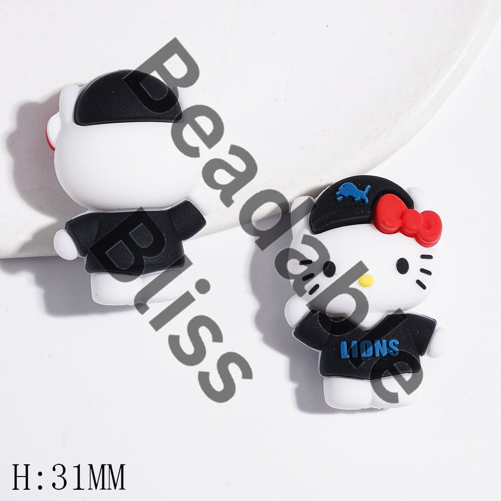 3D Cute Cat Character with Blue Lion Cap and Red Bow, American Football Silicone Focal Beads, Height 31MM