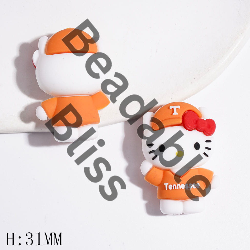 American Football Tennessee Silicone Focal Beads, 3D Orange Cute Cat Character with Red Bowtie, Height 31MM