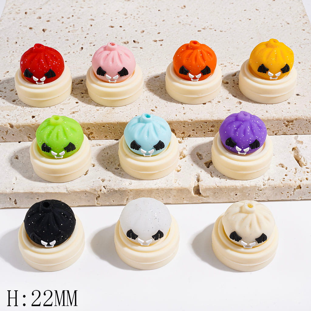 Horror Dumpling with Silver Glitter on Steamer Basket Silicone Focal Beads, Height 22MM Multi-Color Random Mix