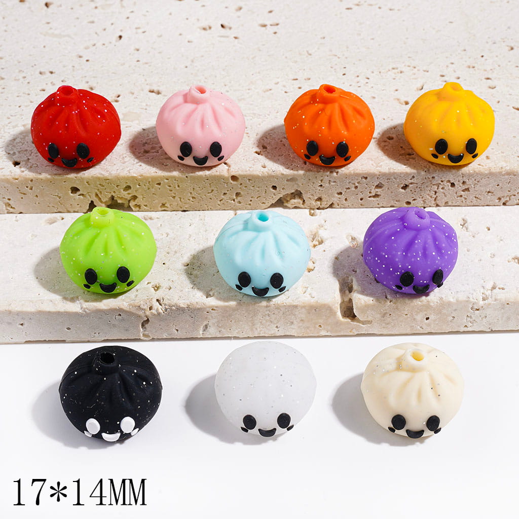 3D Smiling Dumpling with Silver Glitter Silicone Focal Beads, 17*14MM Multi-Color Random Mix