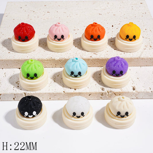Smiling Dumpling with Silver Glitter on Steamer Basket Silicone Focal Beads, Height 22MM Multi-Color Random Mix