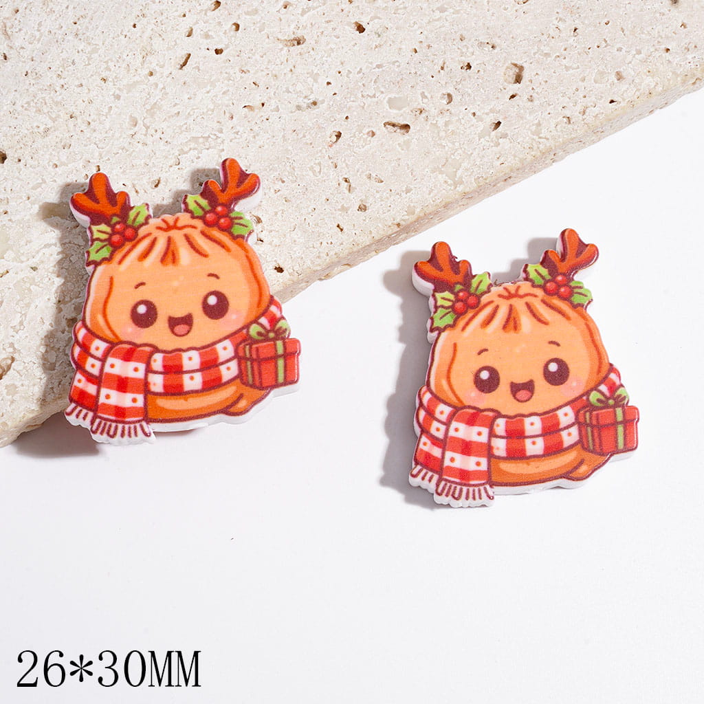 Silicone Focal Beads Orange Dumpling with Antler and Red White Plaid Scarf, Holding Christmas Gift Box, 26*30MM