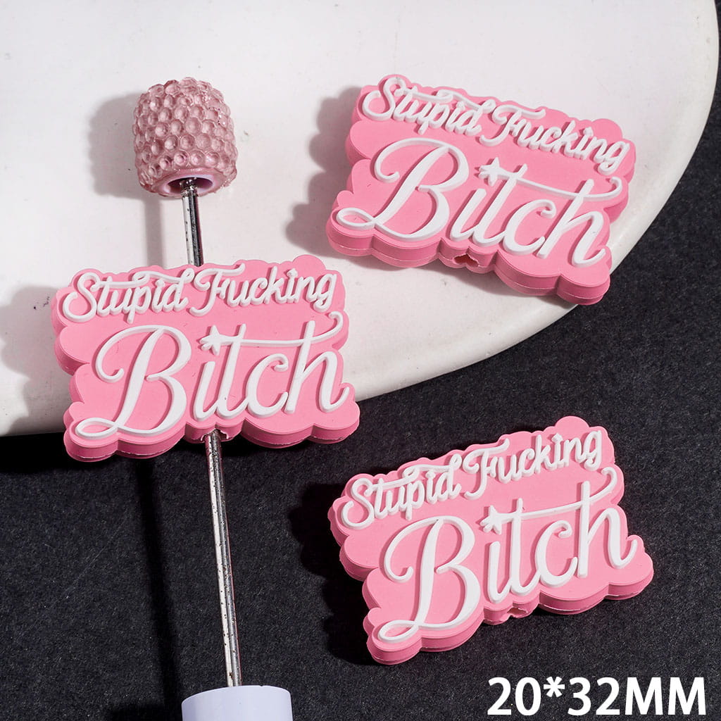 Silicone Focal Beads with Humor Text on Pink Background, 20*32MM