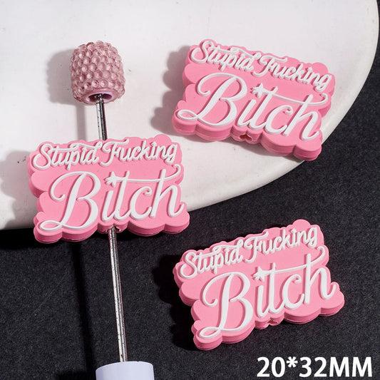 Silicone Focal Beads with Humor Text on Pink Background, 20*32MM