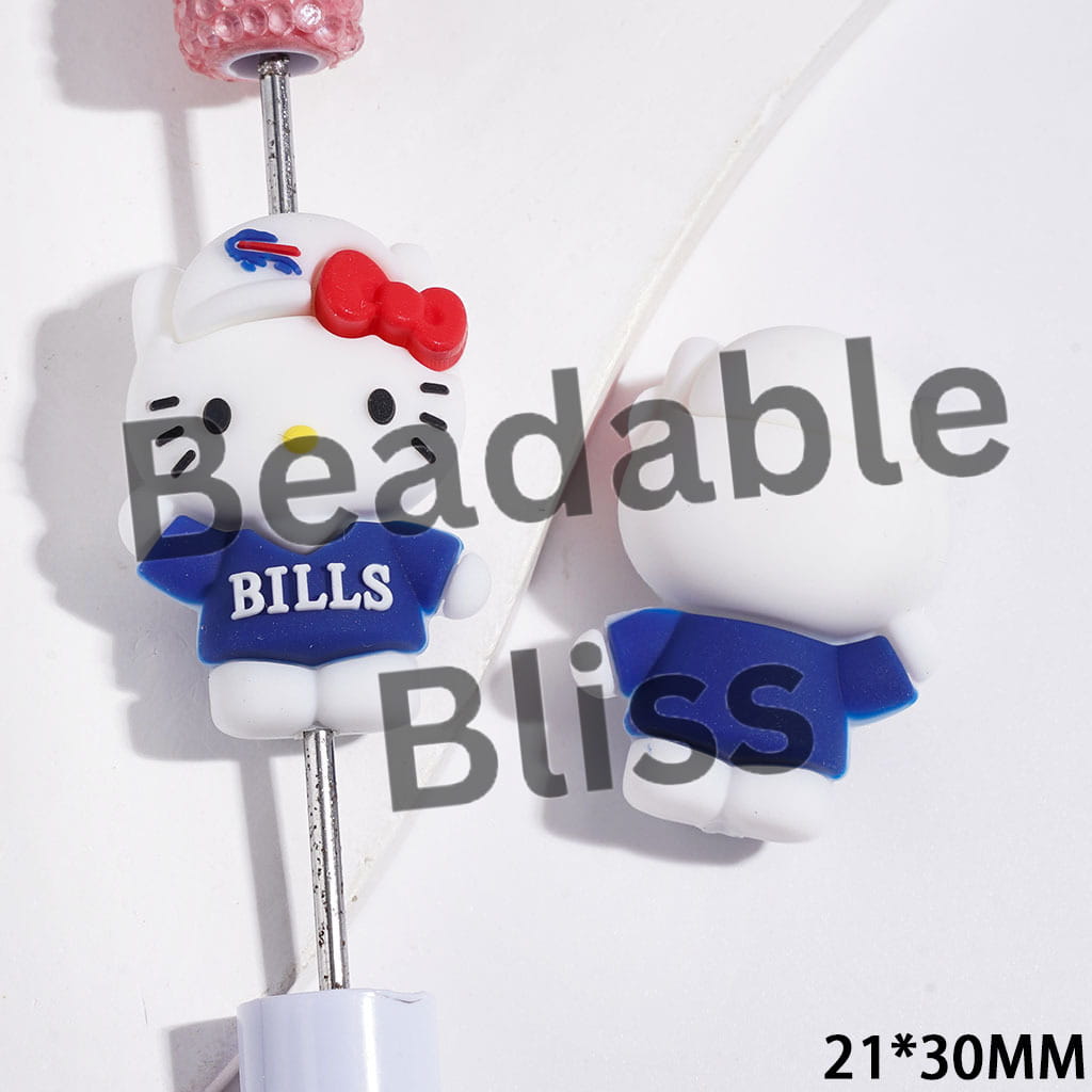Silicone Focal Beads 3D Cute Cat Character with American Football Team Buffalo Cap and Red Bowtie, 21*30MM