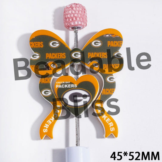 Silicone Focal Beads Bowtie and Heart Collection Set in Green Bay American Football, 45*52MM