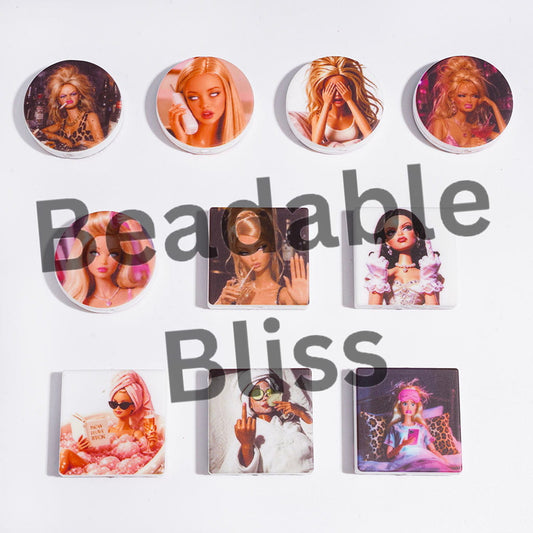 Printed Design Silicone Focal Beads with Fashion Doll Characters Series, Flat Round and Square Shapes, Random Mix