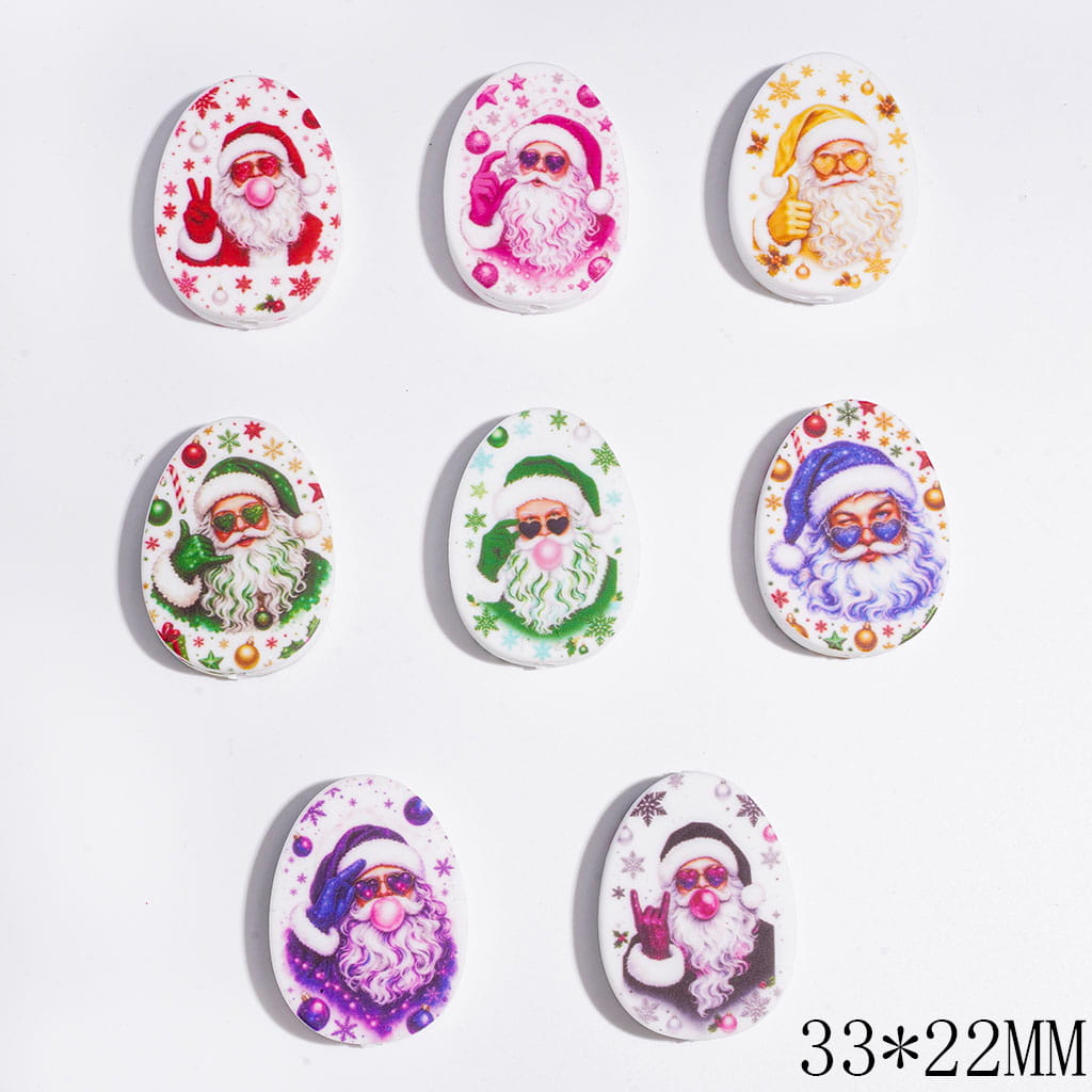 Print Design Silicone Foacl Beads with Santa Claus Series, Flat Oval Shape, 33*22MM Random Mix
