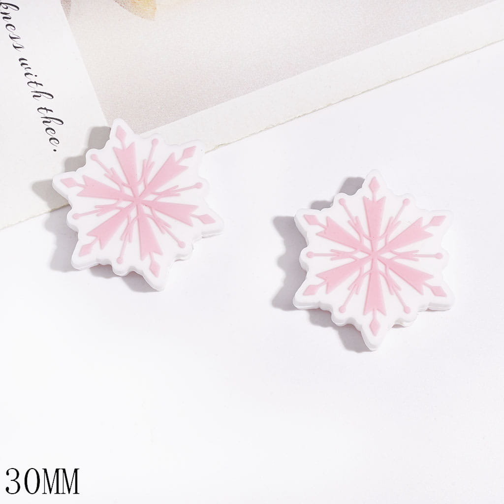 Silicone Focal Beads with Pink Snowflake, 30MM