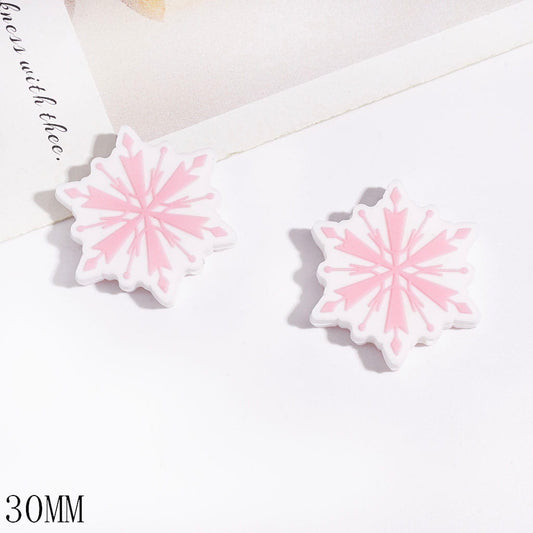 Silicone Focal Beads with Pink Snowflake, 30MM