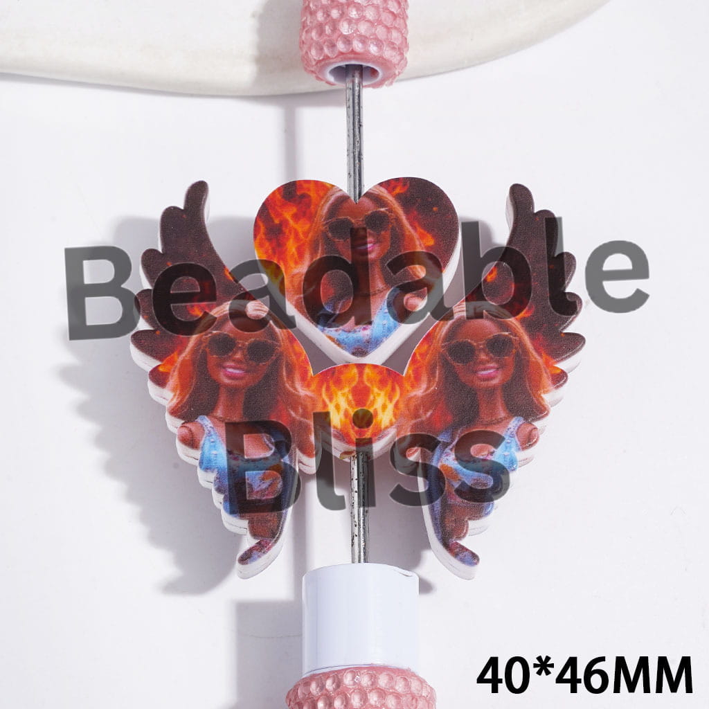 Printed Silicone Focal Beads Fashion Doll Characters with Sunglass on Flame Background, Heart and Wing Set, 40*46MM