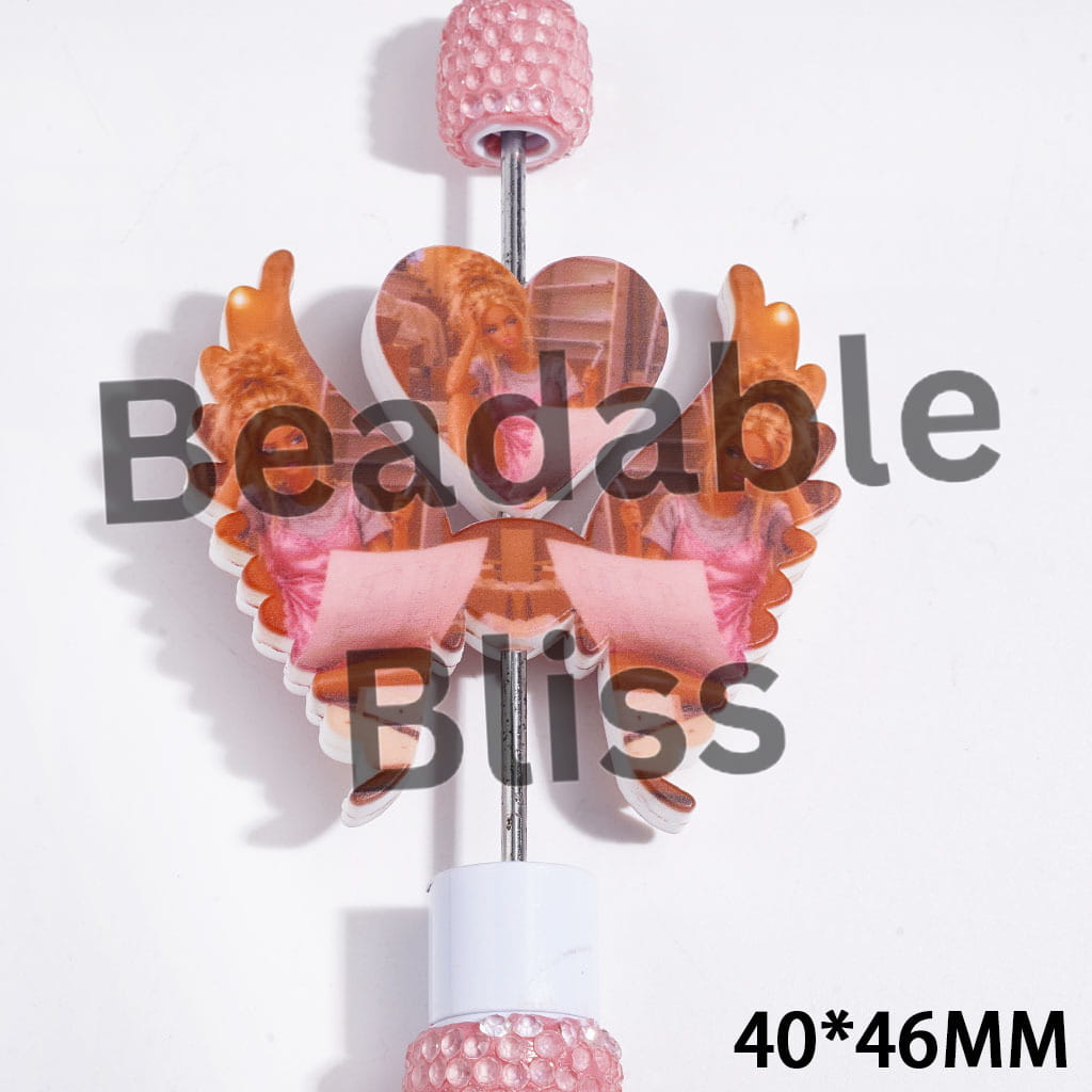 Printed Silicone Focal Beads Heart and Wing Set, Fashion Doll Characters Hold Pen, Exam-Related Study Anxiety, 40*46MM