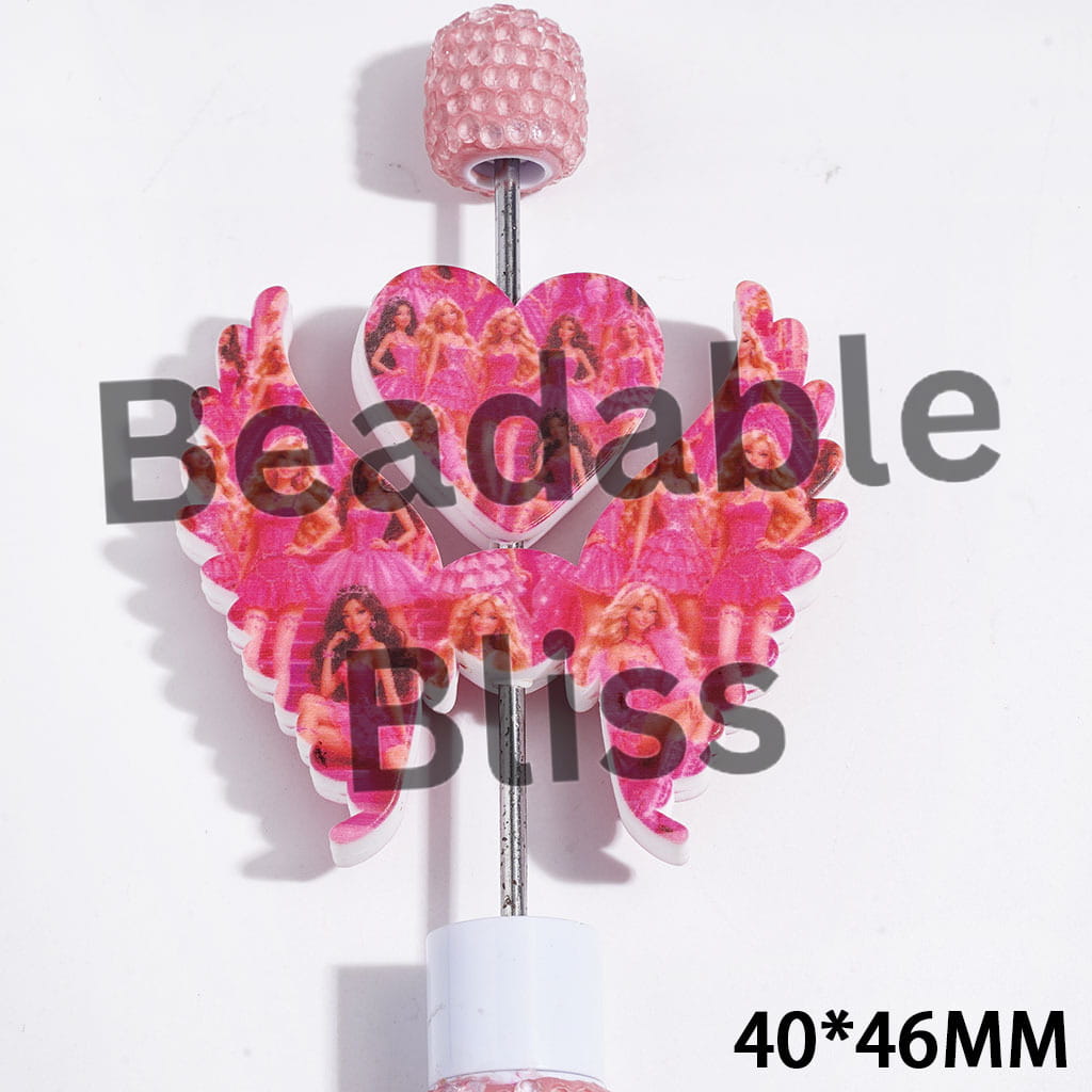 Printed Silicone Focal Beads Fashion Doll Characters with Pink Dress, Heart and Wing Set, 40*46MM